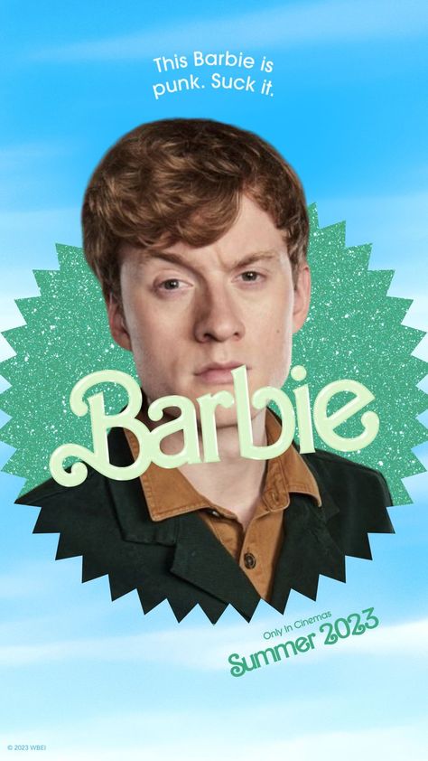 A photo of comedian James Acaster, during Taskmaster, using the Barbie movie template. The top line says, "This Barbie is punk. Suck it." James Acaster Funny, James Acaster Taskmaster, Taskmaster Aesthetic, James Acaster Aesthetic, Lars Pinfield, British Comedians, James Acaster, Pokemon Gym, Awkward Funny