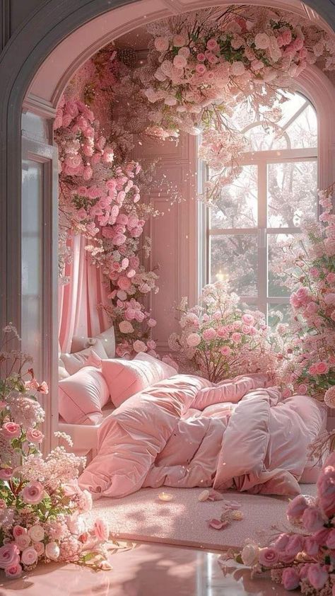 Rose Garden Bedroom, Flower Bedroom Aesthetic, Princess Room Aesthetic, Dream Bedroom Inspiration, Romantic Bedroom Decor, Romantic Bedroom, Cute Bedroom Decor, Pretty Room, Dreamy Room