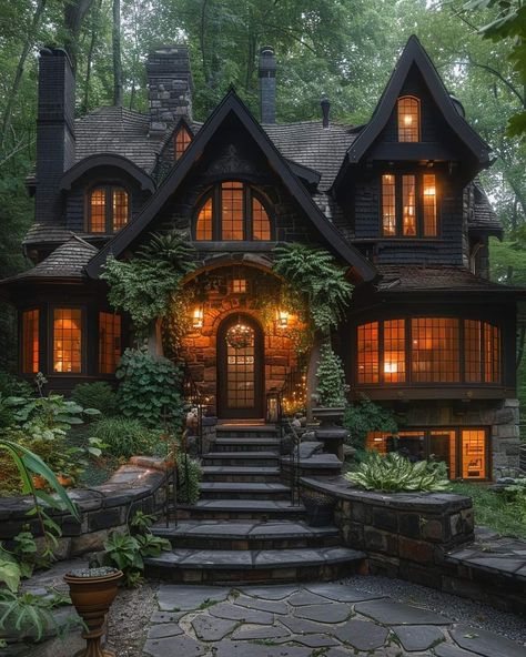 Dark Tudor House Exterior, Dark Cottage House Exterior, Gothic Modern House Exterior, Witchy Home Exterior, Grunge House Exterior, Gothic Barndominium, Moody House Exterior, Dark Academia House Exterior, Dark Green House