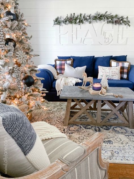 Christmas Decoration Living Room, Farmhouse Christmas Decorations, Christmas Fireplace Mantels, Cozy Christmas Living Room, Affordable Christmas Decorations, Blue Couch, Farmhouse Style Christmas, Farmhouse Ornaments, Christmas Living Room