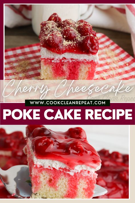 Cherry cheesecake poke cake is a simple recipe that everyone will love. It's quick to prepare and perfect for sharing. An easy dessert everyone will love. Lemon Cherry Cheesecake, Cherry Cheesecake Poke Cake, Cherry Poke Cake, Cheesecake Poke Cake, Cherry Chip Cake Mix, Impressive Dessert, Recipes Using Cake Mix, Lemon Pudding Cake, Dump Cake Pumpkin