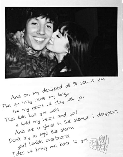 "And on my deathbed all I'll see is you. The life may leave my lungs. But my heart will stay with you. That little kiss you stole. It held my heart and soul. And like a ghost in the silence, I disappear. Don't try to fight the storm. You'll tumble overboard. Tides will bring me back to you." Bring Me The Horizon Lyrics, Hannah Pixie Snowdon, Hannah Pixie, Bring Me Back, This Kind Of Love, The Amity Affliction, Hold My Heart, Oliver Sykes, It's A Secret