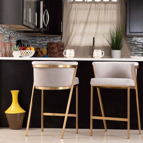 Piper 26" Counter Height Gold Stainless Steel Mid-Century Barstool - Bed Bath & Beyond - 39986323 Mid Century Bar Stools, Kursi Bar, Mid Century Bar, Gallery Furniture, Showroom Interior Design, Bar Cabinet, Dining Storage, Grey Velvet, Counter Height