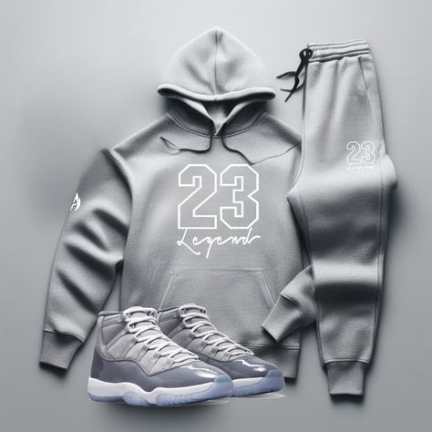 Yo, you looking for the freshest, most comfortable gear that perfectly matches your kicks? Check out our "23 Legend" Grey Sneaker Sweatsuit To Match Air Jordan Retro 11 Cool Grey colorway! So don't wait. Cop now and step up your game with our FIRE! "23 Legend" Men's Grey Sneaker Sweatsuit To Match Air Jordan Retro 11 Cool Grey. With fast shipping, hassle-free returns, and on-point customer service, Threads On Fire is the only choice for real sneakerheads who demand the FIRE! Check out our Sneake Fall Outfits Men Streetwear, Nike Clothes Mens, Grey Tracksuit, Air Jordan Retro 11, Outfits Men Streetwear, Jordan Retro 11, Black Men Fashion Casual, Cute Nike Outfits, Jordan Shoes Retro