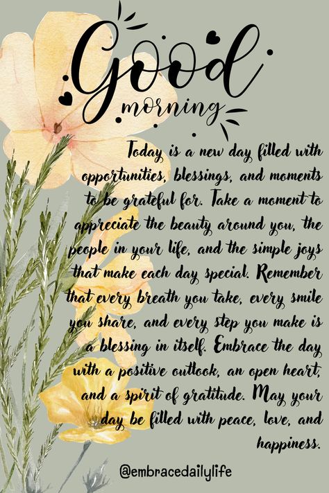 Today is a new day filled with opportunities, blessings, and moments to be grateful for. Take a moment to appreciate the beauty around you, the people in your life, and the simple joys that make each day special. Remember that every breath you take, every smile you share, and every step you make is a blessing in itself. Embrace the day with a positive outlook, an open heart, and a spirit of gratitude. May your day be filled with peace, love, and happiness. Another Beautiful Day Quotes, Good Morning New Week Blessings, God Bless Your Day Quotes, Todays Blessing, Grateful For Life Quotes, Blessing For A Friend, Blessings For Today, Positive Good Morning Quotes Inspiration Beautiful, Blessed Day Quotes