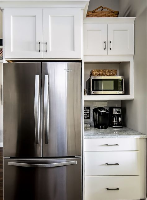 Refrigerator Inside Cabinet, Refrigerator With Cabinets Around It, Fridge Next To Coffee Bar, Kitchen Fridge Ideas Cabinets, Cabinets By Refrigerator, Kitchen Cabinets Around Refrigerator Built Ins, Built In Refrigerator Cabinet Ideas, Kitchen Cabinet Around Refrigerator, Fridge Built Into Cabinets