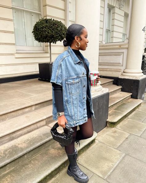 How To Style Long Denim Jacket, Leila Torah, Mid Size Fashion Fall 2023, Black And Denim Outfits, Cute Winter Outfits Black Women, All Black Fall Outfits, Cute Fall Outfits Black Women, Black Fashion Outfits, Style A Denim Dress