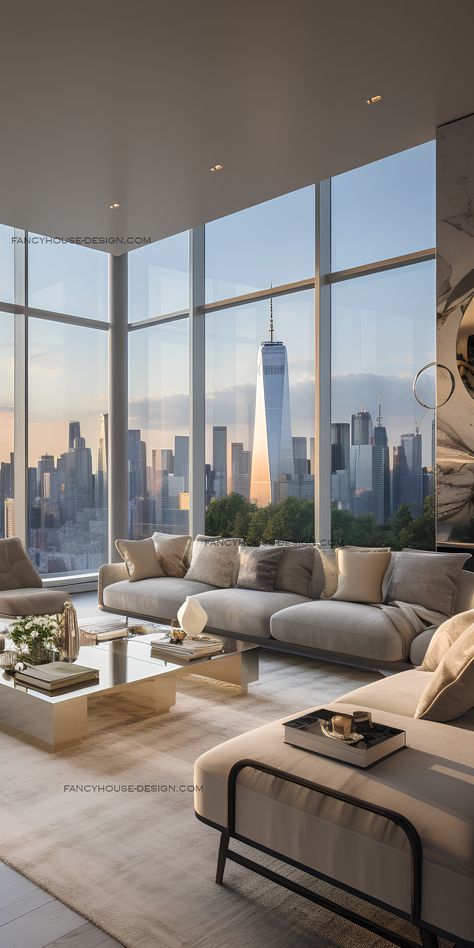 This New York-style living room showcases an impressive interior design. The open and spacious layout of this minimalist penthouse living room. New York Apartment Aesthetic Interior, Penthouse Minimalist, New York Apartment Aesthetic, New York Living Room, New York Apartment Interior, Penthouse Aesthetic, Appartement New York, Luxury Minimalism, Garden Hideaway