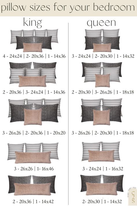 Pillow Sizing Guide 4 Top Of Bed Wall Decor, Art Above Nightstand, How To Layer A Bed Like A Designer, King Bed Pillow Arrangement, Bedroom Pillows Arrangement, Bed Pillow Arrangement, Moody Room, Layered Bedding, Beautiful Bed Designs