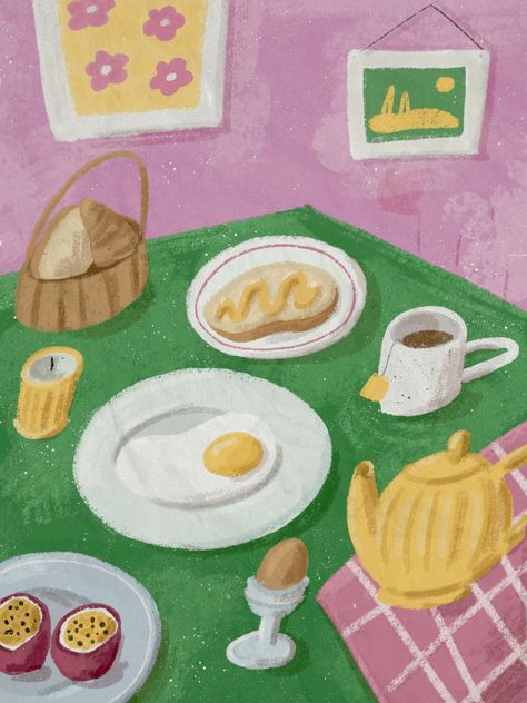 Boltasova Maria illustration. breakfast on the table Illustration Breakfast, Breakfast Illustration, Table Illustration, Christmas Pops, Scrapbook Art, Breakfast Table, Gouache Painting, Children’s Books, Fashion Drawing