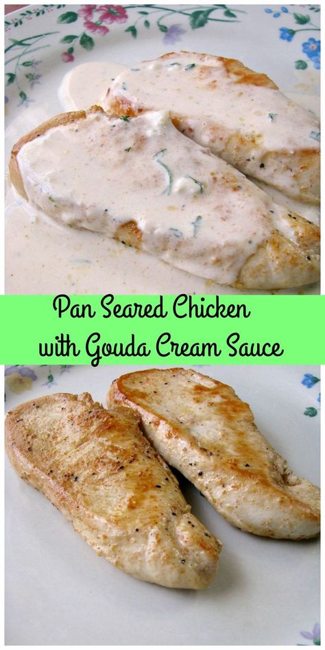 Pan Seared Chicken with Gouda Cream Sauce is a great weeknight dinner. Boneless chicken breasts with a simple marinade, pan seared, and topped with Gouda cheese sauce. Gouda Cheese Sauce, Gouda Cheese Recipes, Gouda Recipe, Simple Marinade, Cream Sauce For Chicken, Crazy Kitchen, Seared Chicken, Pan Seared Chicken, Gouda Cheese