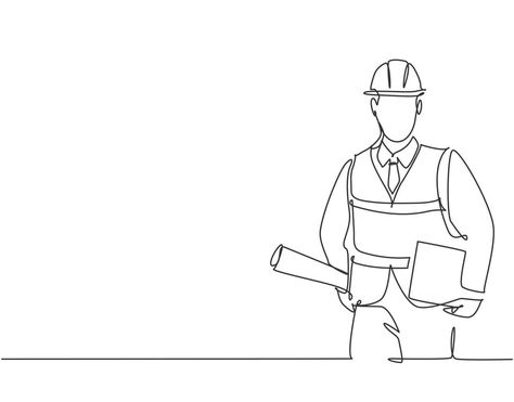 One single line drawing of young architect holding draft blueprint design roll paper and a clipboard. Building architecture business concept. Continuous line draw vector graphic design illustration Engineering Line Art, Civil Engineering Humor, Architect Illustration, Civil Drawing, Engineer Drawing, Blueprint Design, Architecture Business, Ing Civil, Draw Vector