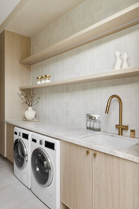 Wet Room Laundry, Laundry Room Ideas Australia, Laundry Tiling Ideas, Interior Design Australia, Laundry Styling Ideas, Laundry And Dishwasher Room, Laundry Room Scandinavian, Small Black Laundry Room, Laundry Room Side By Side Washer Dryer