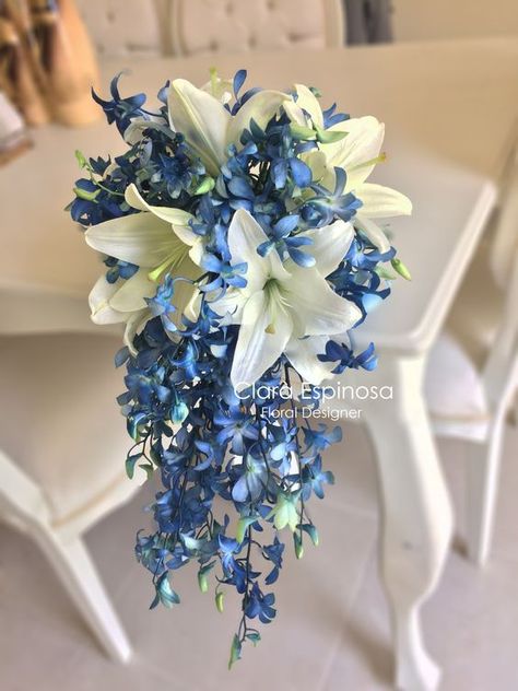 Water Theme Wedding, Bouquet Orchid, Blue Orchid Wedding, Bouquet Cascade, Iris Wedding, Iris Bouquet, June Flowers, Bridal Bouquet Blue, Blue Bride