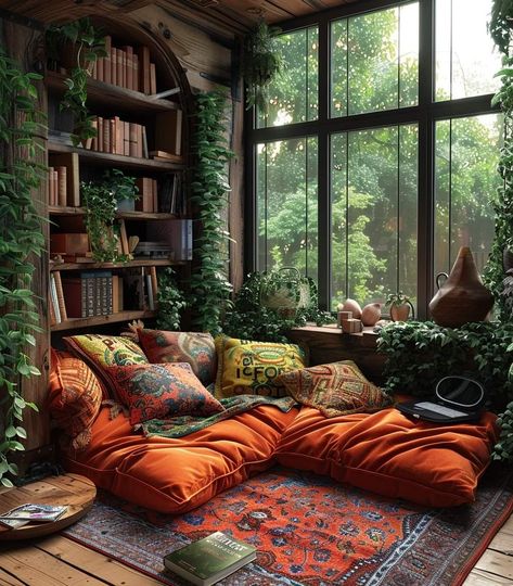 Human Nest Bed, Daybed In Living Room, Hippie Living Room, Bed Nest, Cozy Home Library, Colorado Cabins, Bean Bag Living Room, Nest Bed, Houses Ideas