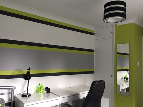 Lime green & grey boy,s bedroom Xbox Bedroom Ideas, Grey Boys Bedroom, Hunters Bedroom, Xbox Bedroom, Lime Green Bedrooms, Kids Room Grey, Boys Bedroom Paint, Bedroom Workspace, Teenager Bedroom Boy