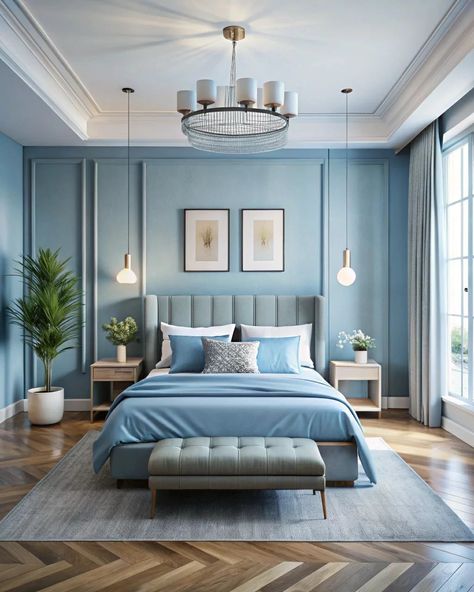 Modern bedroom design with soft blue colors #softblue #softcolors #interiordesign #homedecor #modernhouse #interiordesignideas Blue Adult Bedroom, Blue Bedroom Ideas For Adults, Pastel Bedroom Ideas Adult, Light Blue Bedrooms, Long Bedroom Ideas, Light Blue Bedroom Ideas, Bedroom Ideas For Adults, Light Blue Houses, Light Blue Bedroom