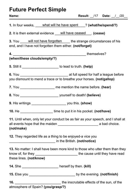 Future Perfect Exercises PDF Worksheet with Answers - Test 1 Grammar Test Worksheets With Answers, Future Perfect Tense Worksheets, Tense Activities, Future Perfect Tense, Practice English Grammar, English Grammar Pdf, Tenses Grammar, Future Tense, Perfect Tense