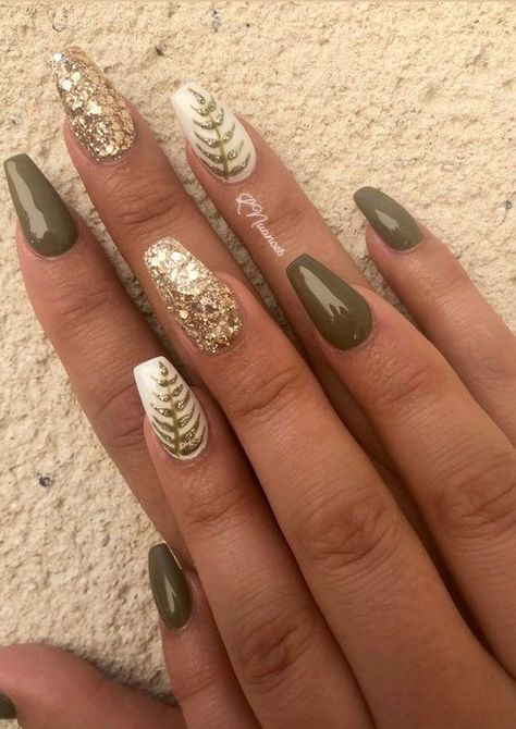 Almond Nails Green And Gold, Taupe Nails With Design, Green Ivy Nails, Fall Nails With Foil Flakes, Sage Green Gold Nails, Maroon And Rose Gold Nails, Fall Nails With Gems, Sage And Gold Nails, Sage Nail Ideas