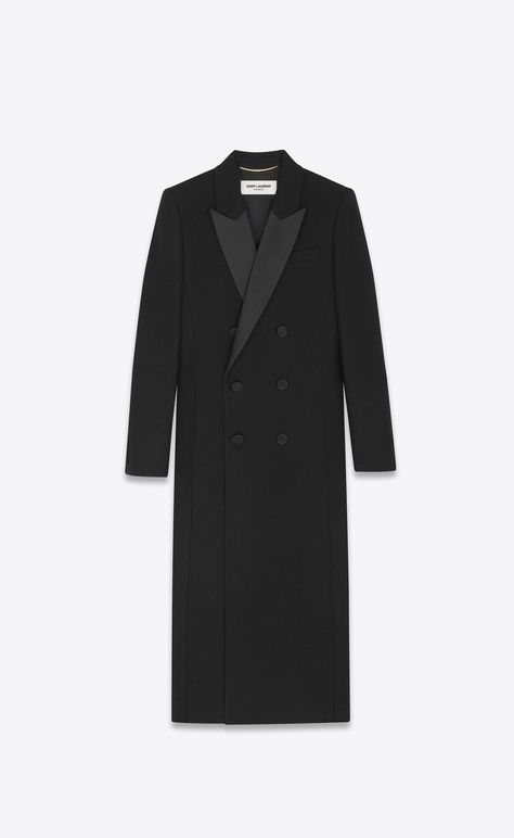 Double-breasted tuxedo coat in crepe wool | Saint Laurent | YSL.com Tuxedo Coat Women, Saint Laurent Coat, Ysl Clothes, Wool Short Coat, Tuxedo Coat, Double Breasted Tuxedo, Barbie Sewing, Winter 22, Vintage Ysl