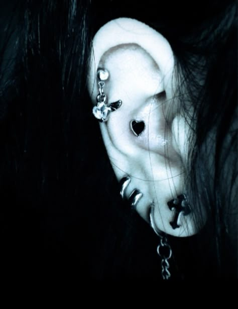 Goth Piercings Ear, Vkei Piercings, Emo Ear Piercings, Goth Ear Piercings, Ear Piercing Layout, Ear Setup, Emo Piercings, Goth Piercings, Dream Piercings