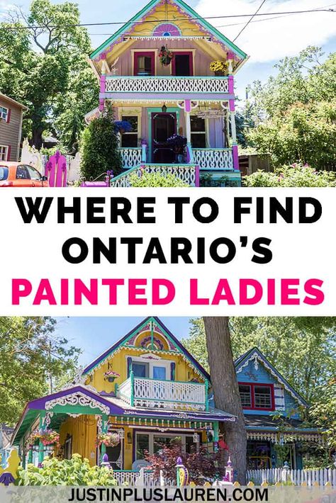 There are charming and adorable gingerbread cottages in southern Ontario near Toronto, Hamilton, and Niagara. These are Ontario's Painted Ladies, bright and colorful Victorian homes. You can find these colorful gingerbread cottages in Grimsby Beach, Ontario. #Grimsby #Ontario #Canada #PaintedHouses #ColorfulHomes #GingerbreadCottages Cottage Life Ontario, Grimsby Ontario, Painted Houses, Colorful House, Women Traveling, Ontario Travel, Southern Ontario, Colorful Houses, Canada Travel Guide