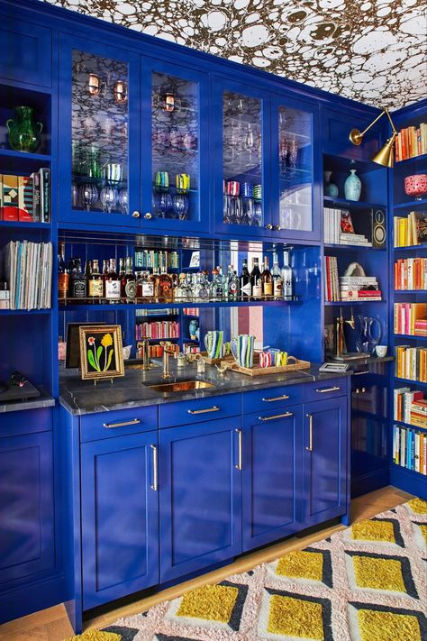 Brooklyn Brownstone, Library Room, Blue Bar, Built In Bar, Gold Fixtures, Blue Cabinets, Inviting Home, California Homes, Luxor