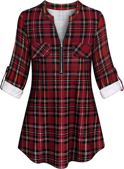 Simple Tunic, Casual Plaid Shirt, Tunic Tops For Leggings, Buffalo Plaid Shirt, Fashion Blouses, Plaid Shirts, Plaid Tunic, Fits Clothes, Women Figure