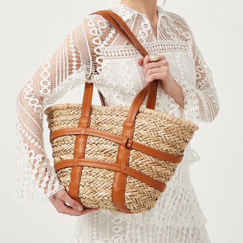 Straw Beach Tote, Straw Tote Bag, Straw Handbags, Leather Patchwork, Rattan Bag, Woven Tote Bag, Straw Bags, Straw Tote, Rattan Basket