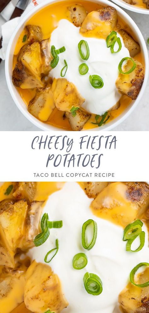 Missing Taco Bell’s cheesy fiesta potatoes? This copycat recipe is just like the classic fast-food side dish, made at home whenever you’re craving it! Savory potatoes covered with Taco Bell-style nacho cheese sauce, and a dollop of sour cream – the real deal. Cheesy Fiesta Potatoes, Fiesta Potatoes, Nacho Cheese Sauce, Vegetarian Fast Food, Family Meal Planning, Copykat Recipes, Copycat Restaurant Recipes, Nacho Cheese, Copycat Recipe