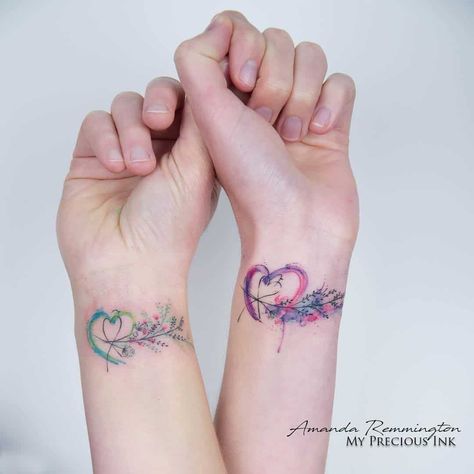 Watercolor Heart Tattoos 1 Mother Daughter Tattoos Ideas, Tattoos Pulseras, Watercolor Heart Tattoos, Mandala Tattoo Back, Unique Sister Tattoos, Small Watercolor Tattoo, Wörter Tattoos, Anniversary Tattoo, Sister Tattoo Ideas