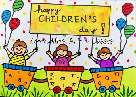 By Samruddhi's Art & Classes Drawing For Class 5 Students Easy, Children's Day Painting, Children's Day Drawing Ideas, Children's Day Drawing, Drawing Ideas For School, Kid Drawing, Day Painting, Students Day, Happy Children's Day