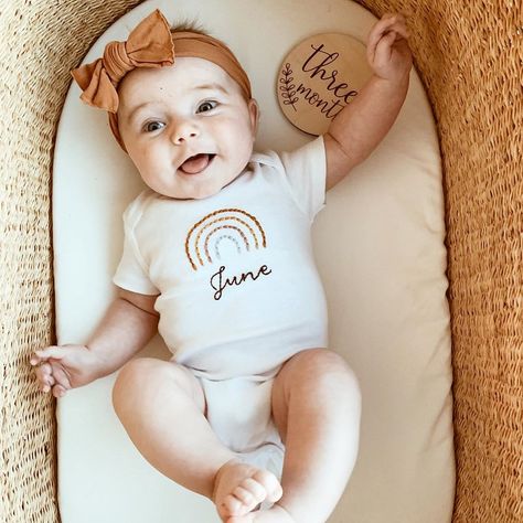 Deanna Dyer’s Instagram photo: “My sweet June Bug is 3 months old today. Her smile lights up a room and we heard her giggle for the first time. Life is as good as it’s…” Rainbow Baby Onesie, Name Onesie, Rainbow Bodysuit, Rainbow Baby Announcement, Embroidered Onesie, Embroidered Rainbow, Newborn Coming Home Outfit, June Bug, Kids Line