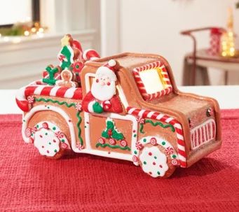 Illuminated Gingerbread Truck with Santa by Valerie - H223110 Gingerbread Truck, Qvc Christmas, Gingerbread Train, Fake Candy, Gingerbread Diy, Valerie Parr Hill, Gingerbread Crafts, Truck Theme, Gingerbread Christmas Decor