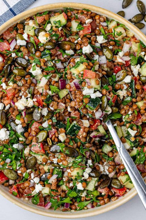 Lentil Salad (Healthy & Delicious) - Cooking With Ayeh Lemon Pesto Lentil Salad, Lentil Salad With Roasted Vegetables, Lentil Salad Recipes Cold, Lentil Bowl, Bean Salads, 2024 Meals, Lentil Salad Recipes, Canned Lentils, Vegan Feta Cheese