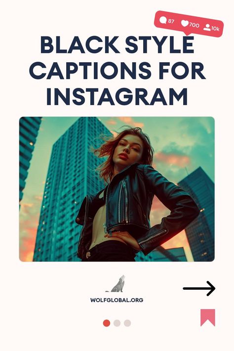 Woman in a leather jacket standing before skyscrapers, promo for Instagram captions.
A checklist of phrases praising black attire, with a button to get more.
A person with a laptop surrounded by social media icons and an Instagram pod promotion. Black Captions, Style Captions, Badass Captions, Savage Captions, Black Blazer Outfit, Black Instagram, Pitch Dark, Black Wardrobe, Black Attire