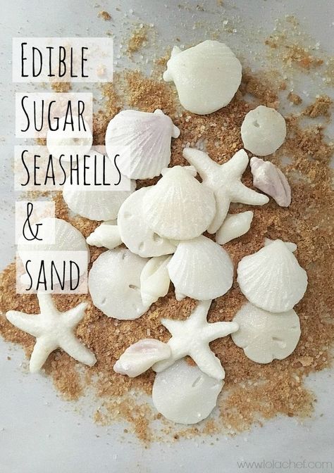 Edible sugar seashells | LolaChef An edible candy seashell that looks realisitc and tastes great. Seaside Party Decorations, Seashell Desserts, Seashell Cake Topper, Seashell Birthday Cake, Beach Cake Ideas, Edible Seashells, Beach Theme Desserts, Fondant Seashells, Seashell Cupcakes