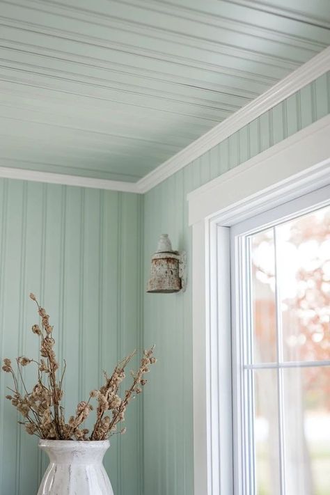 "Transform your space with the classic look of a DIY Beadboard Ceiling! 🛠️🪜 Ideal for creating a cozy and stylish atmosphere. 🌿✨ #CeilingDesign #DIYHome #BeadboardStyle" Beadboard Wall And Ceiling, Beadboard Ceiling Bedroom, Bead Board Door, Beadboard Colors, Modern Beadboard Walls, Beadboard Ceiling Kitchen, Beadboard Walls And Ceiling, Modern Beadboard, Diy Beadboard Walls