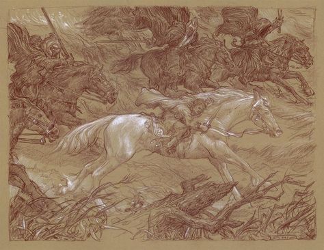 "Flight+to+the+Ford"+Original+colored+pencil+on+toned+paper+by+Doato+Giancola Donato Giancola, Tolkien Illustration, The Kingkiller Chronicles, Middle Earth Art, Into The West, Tolkien Art, Toned Paper, Art Gallery Room, Gallery Room