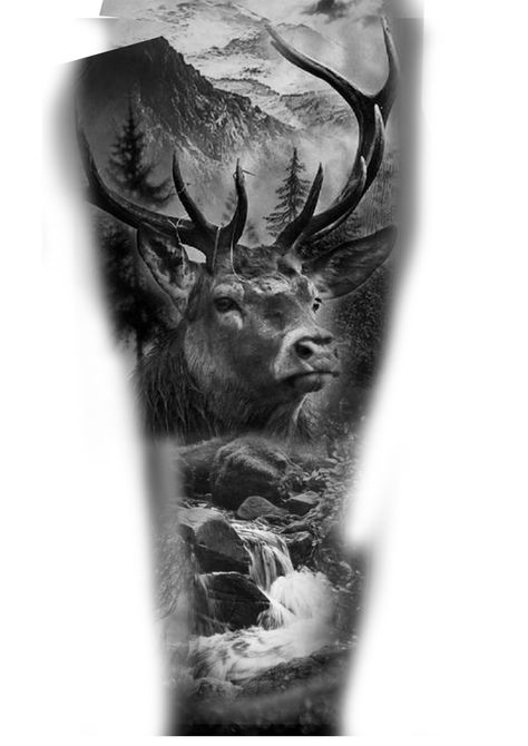 Elk Tattoos For Men, Forest Animal Tattoo, Arm Tattoo Realistic, Hirsch Tattoo Frau, Mountain Sleeve Tattoo, Elk Tattoo, Wilderness Tattoo, Deer Tattoo Designs, Stag Tattoo