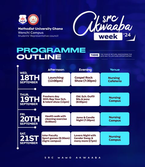 SRC akwaaba week programme outline flyer designed by oppomence, Ghana. Contact us on 0247369275 Doctor Background, Page Background Design, Walking For Health, Social Media Art, Banner Design Inspiration, Ads Design, Flyer Design Inspiration, Ppt Design, Bakery Design