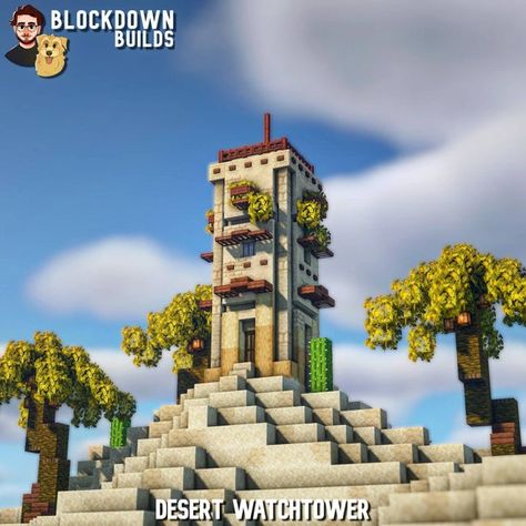 Minecraft Building Ideas Desert, Minecraft Desert Village Remodel, Minecraft Watchtower Ideas, Minecraft Desert Builds, Minecraft Desert House, Minecraft Oasis, Minecraft Desert, Desert Village, Construction Minecraft