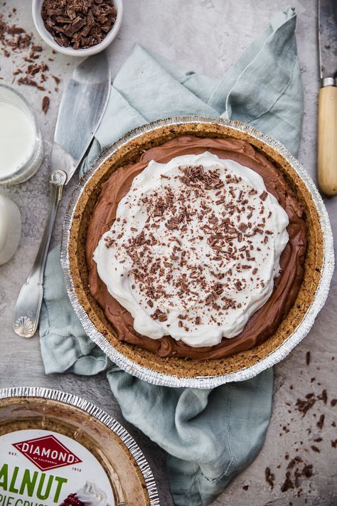 No-Bake Chocolate Mousse Pie with Walnut Pie Crust on DiamondNuts.com #DiamondNuts Chocolate Cream Pie Recipe, Chocolate Silk Pie, Chocolate Mousse Pie, Walnut Pie, Mousse Pie, Walnut Crust, Silk Pie, Chocolate Mousse Recipe, Chocolate Cream Pie