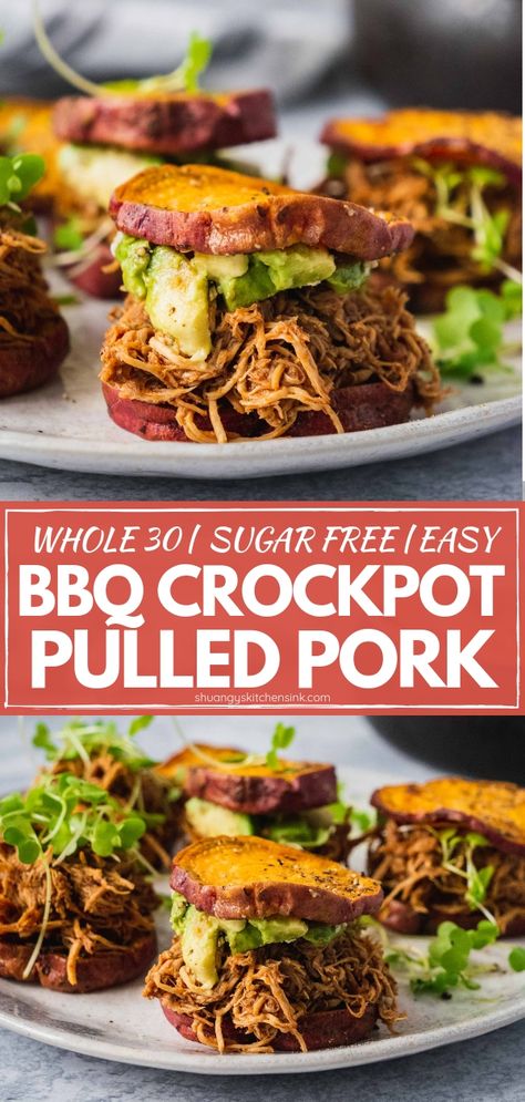 Whole30 Crockpot Chicken, Bbq Pulled Chicken Recipes, Crockpot Pulled Pork Bbq, Crockpot Pulled Chicken, Pulled Chicken Recipes, Bbq Pulled Pork Recipe, Crockpot Pulled Pork, Whole30 Dinners, Chicken Sliders