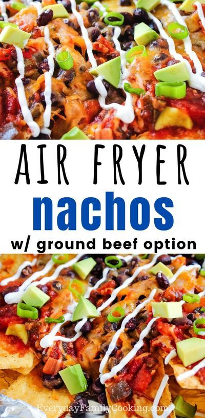 Eat up these air fryer nachos with ground beef or even vegetarian. It's cooked up in just minutes with a grilling option as well. Top these tortilla chips with cheese, beans, avocadoes, salsa, and more for the perfect air fryer snack. #airfryer #airfried Nachos With Refried Beans, Nachos With Ground Beef, Air Fryer Nachos, Ground Beef Taco Meat, Beef Taco Meat, Favorite Party Appetizers, Vegetarian Nachos, Ground Beef Taco, Nachos Beef