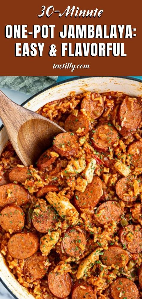 Enjoy the flavors of New Orleans with this easy, one-pot Jambalaya recipe. Cajun food at its best, loaded with chicken, sausage, veggies, and creole seasoning, this flavorful dish will make your tastebuds sing! Easy Crockpot Jambalaya Recipe, Smoked Sausage Jambalaya Recipe, Jambalaya Recipe No Shrimp, Jambalaya Recipe Dutch Oven, Quick Gumbo Recipe Easy, Cajun Kielbasa Recipes, Jumbalaya Recipe New Orleans, Easy Gumbo Recipe Simple, Brown Jambalaya Recipe