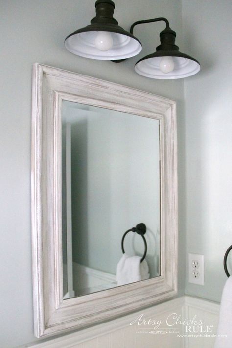 Diy Distressed Mirror Frame, White Wash Mirror Frame Diy, Painting Bathroom Mirror Frame, Plastic Mirror Frame Makeover, Paint Mirror Ideas, Wood Mirror Frame Makeover, Paint Mirror Frame Diy, Chalk Paint Mirror Frame, Restoring Dresser