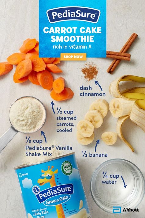 Seasonal cinnamon & vanilla flavors combine with nutrition in this delicious Carrot Cake Smoothie! Your kiddo will love the taste—and you’ll love the nutritious ingredients. Steamed carrots provide vitamin A for immune support. And tasty PediaSure Vanilla Shake Mix has nutrition for growth & immune support! All you do is: Blend ⅓ cup Shake Mix with ½ banana, ½ cup of steamed carrots (cooled), ¾ cup of water, and a dash of cinnamon. Find more kid-friendly recipes on our website. Pediasure Smoothie Recipes, Pediasure Smoothie, Pediasure Recipe Kids, Pediasure Recipes, Carrot Cake Smoothie, Toddler Smoothies, Steamed Carrots, Healthy Baby Food, Vanilla Shake