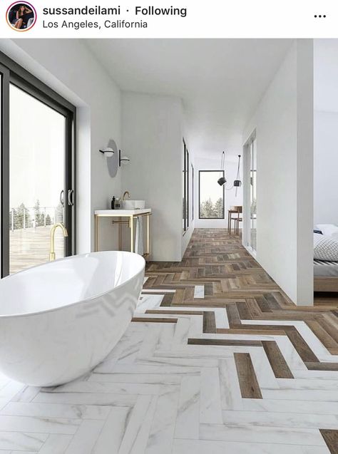 Marble Herringbone Floor, Modern White Bathroom, Herringbone Wood Floor, Interior Design Per La Casa, Herringbone Floor, Wooden Floor, Design Del Prodotto, Free Standing Bath Tub, Beautiful Bathrooms