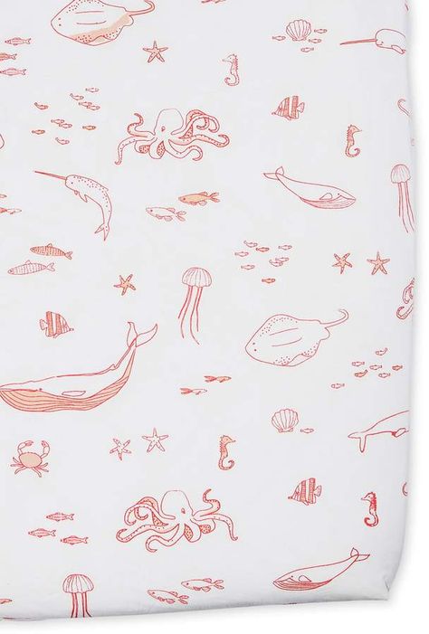 Ocean Crib Sheets, Ocean Crib Bedding, Under The Water Themed Nursery, Florida Nursery Theme, Pink Ocean Theme Nursery, Pink Coastal Nursery, Nautical Girl Nursery, Ocean Theme Nursery Girl, Aquatic Nursery Theme